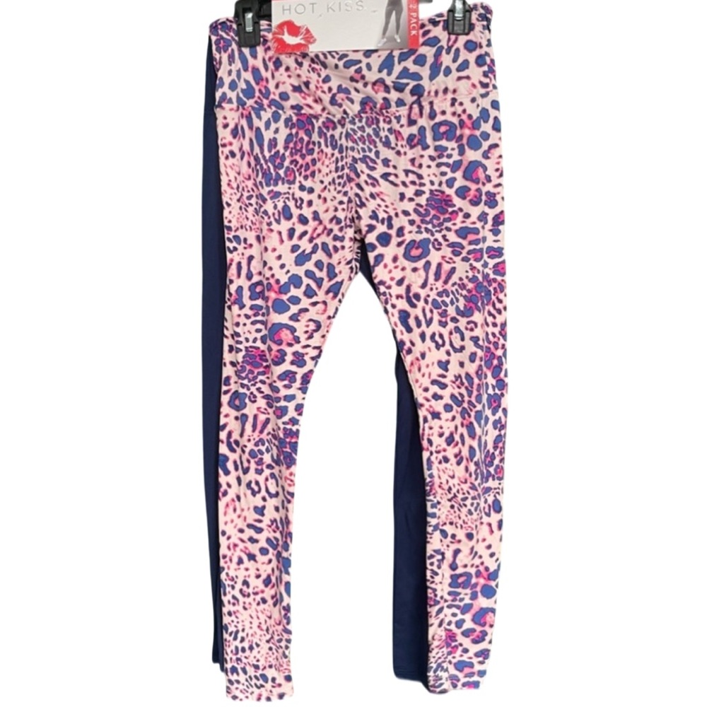 Hot Kiss 2 piece Leggings Set Size Large Pink Blue Leopard solid NWT